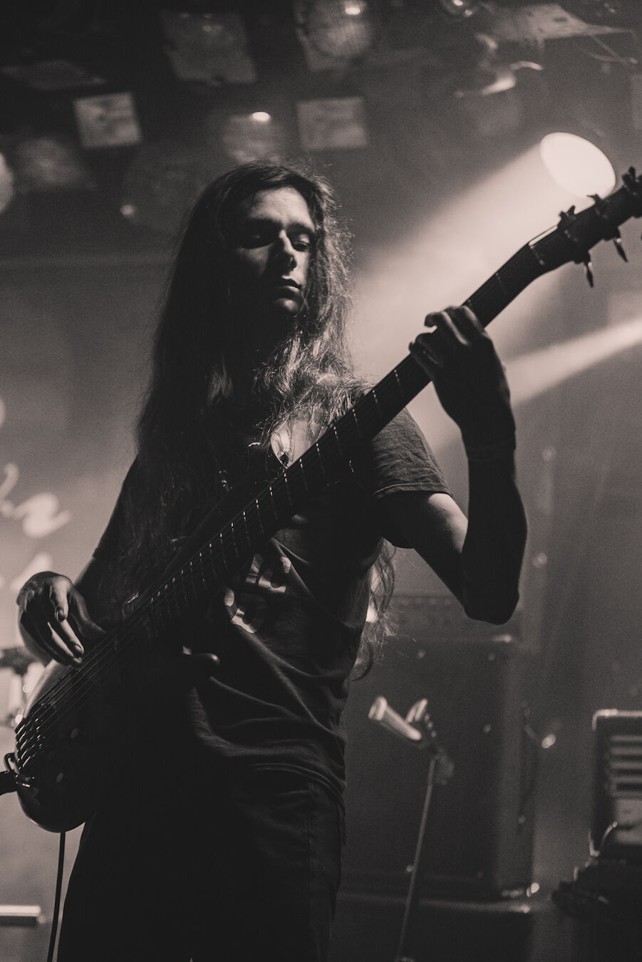 Bassist in a beam of stage light